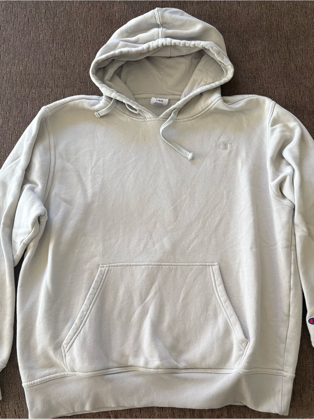 Champion Light Gray Hoodie with Front Pocket and Embroidered Logo Size Large
